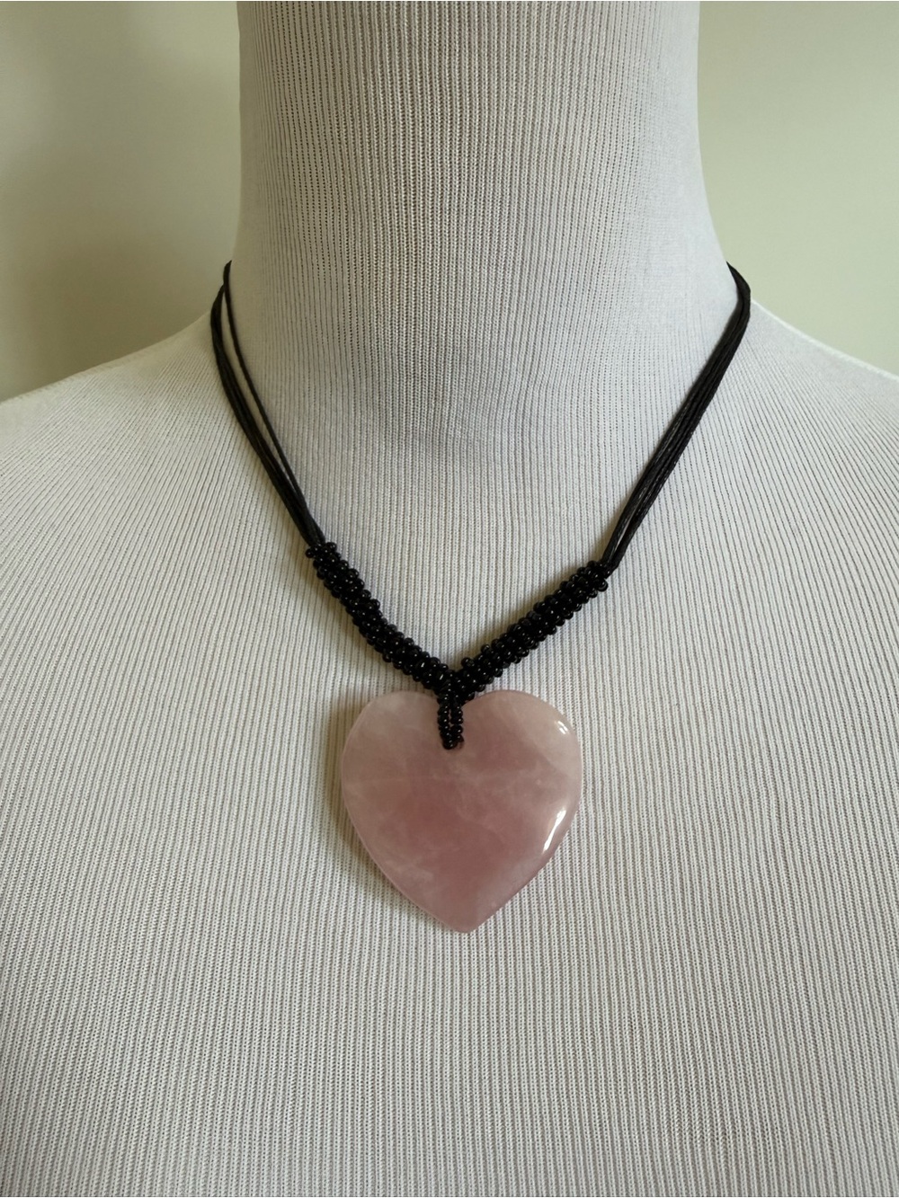 Rose Quartz Heart Pendant Necklace in Pink on Black Cord